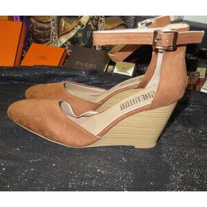 Shelina! Brown Vegan Suede Leather D'Orsay Ankle Strap Chunky Wedges size 10